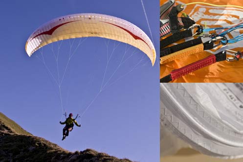 Gin Sprint X-Alps in flight, and details of risers and ribs