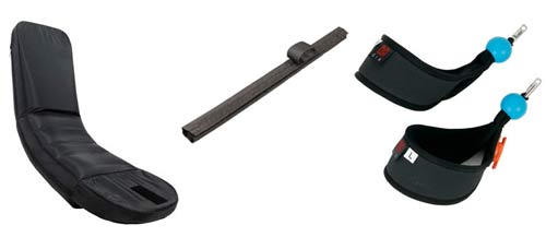 Gin-Soft-R,-reserve-riser-covers-Fluid-handles Gin paraglider accessories. L-R: Soft R back protector, reserve risers cover and Fluid brake handles