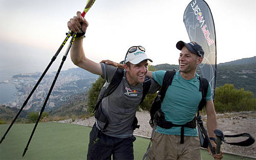Celebrating winning the 2009 edition of the Red Bull X-Alps: Chrigel maurer and Thomas Theurillat