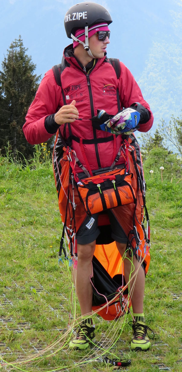 Aaron Durogati kitted up in his new Red Bull X-Alps harness. Photo: Ed Ewing