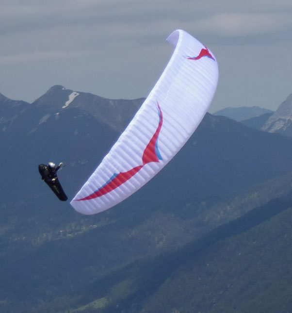 Chrigel Maurer's Ozone LM5. Photo: Chrigel Maurer on his Red Bull X-Alps glider the Ozone LM5. Photo: Yvonne Appenzeller