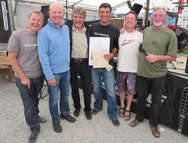 Overall winners. Left to right is Jocky Sanderson (meet director), Pete Chalmers, prize sponsor and glider pilot Klaus Ohlmann, winner Stefan Bernhard, Mark Graham and organiser Dave Owen. Photo: Ed Ewing