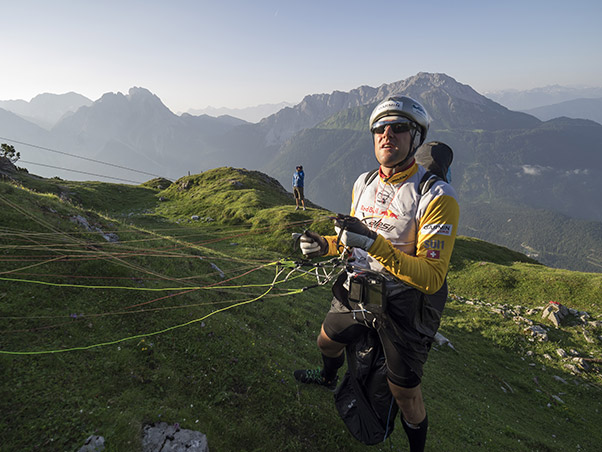 Chrigel Maurer on launch during the 2015 Red Bull X-Alps. Photo: Vitek Ludvik/Red Bull Content Pool
