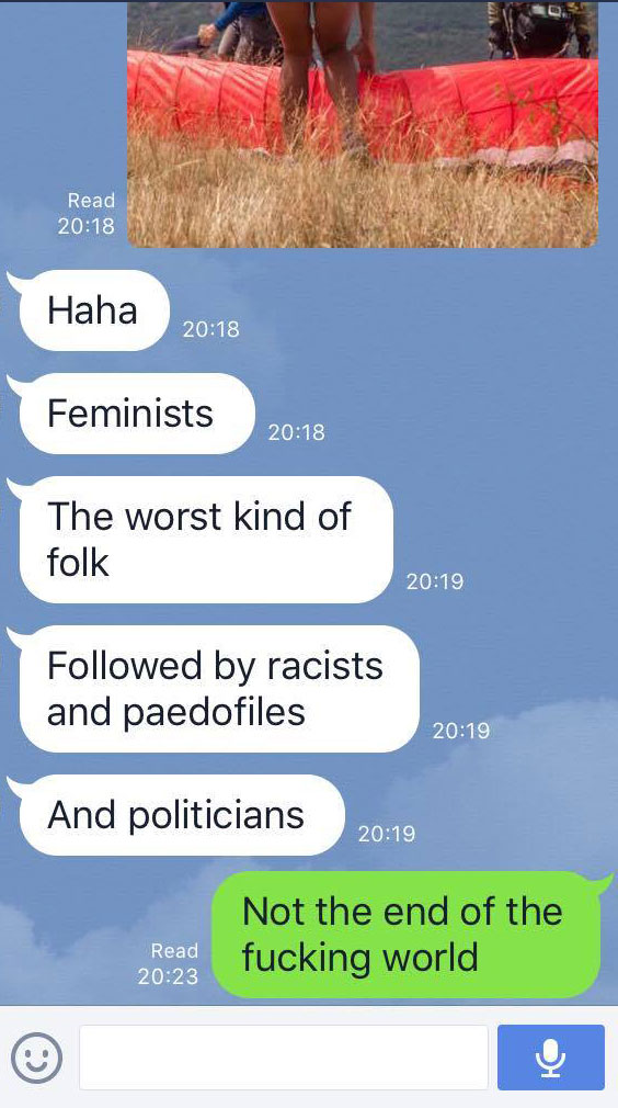 A messaging discussion between two pilots over the post by Kirsten Seeto complaining about a photo posted to the FAI European Paragliding Championships Facebook page