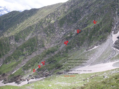 This photograph, annotated by a friend of Alexey Ashurov, shows the crash site. A rucksack was found at 6, the paraglider at 5, Alexey's body at 4, and his helmet at 1.