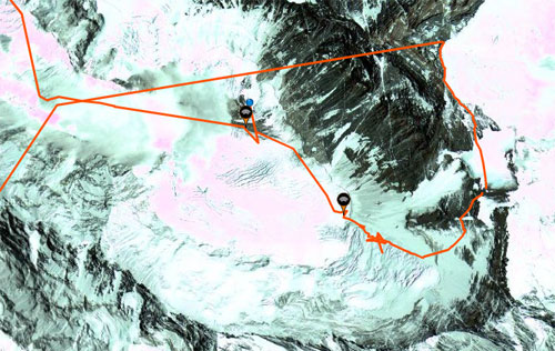 A zoom of the south side of Everest showing the route up the South Col and take off