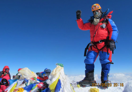 Babu Sunuwar on the summit of Everest at 8.50am 21 May 2011, shortly before his flight from the summit. Photo: Babu Sunuwar/Lakpa Tshering Sherpa