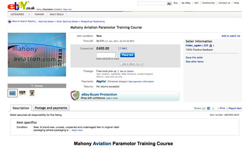 Mahony Aviation paramotor training course on eBay
