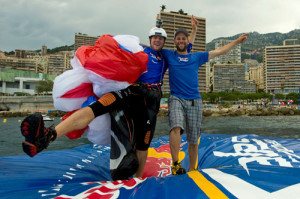 Chrigel Maurer and Thomas Theurillat on the raft at Monaco. Photo: Red Bull X-Alps