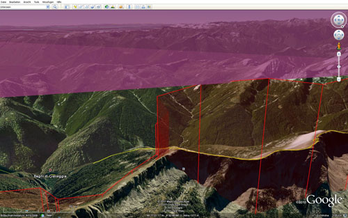 A Google Earth snapshot of Chrigel Maurer's Red Bull X-Alps tracklog on 22 July 2011 – he bumped up into airspace and got a 24hr time penalty for it