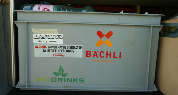 The Cross Country bumper sticker in Chrigel Maurer's Red Bull X-Alps bus