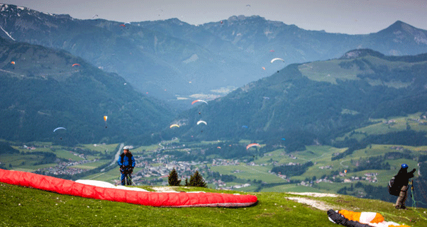 Koessen has wide, grassy take-offs accessed by cable car. All very civilised! Photo: Marcus King