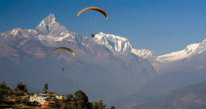 The stunning fishtail of Machaphuchare (6,993 m) dominates flying in Pokhara. Photo: Peter Wolf