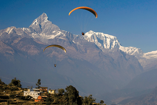 The stunning fishtail of Machaphuchare (6,993 m) dominates flying in Pokhara. Photo: Peter Wolf