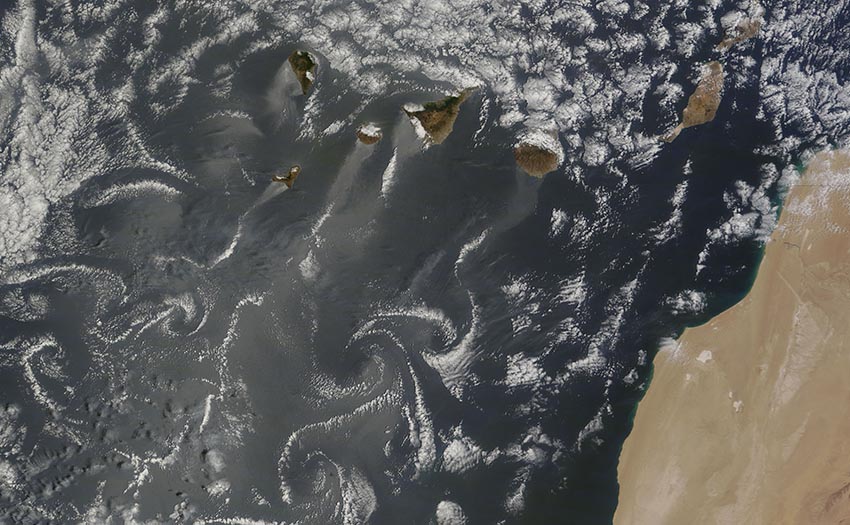 Von Karmen vortices downwind of the Canary Islands. El Hierro is the smallest and most southerly. Photo: Nasa