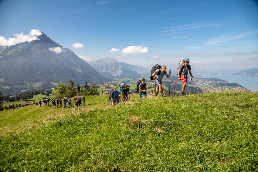 Hiking up to launch at the Brunni Hütte in Interlaken during the Advance Red Bull X-Alps 2019 fly-in. Photo: Marcus King