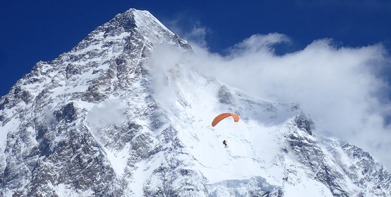 Max Berger paragliding from K2 in July 2019