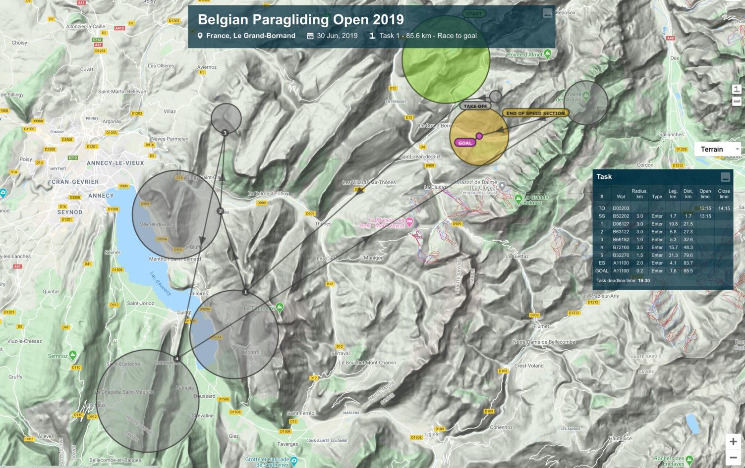 Paragliding competition task with 5 turnpoints