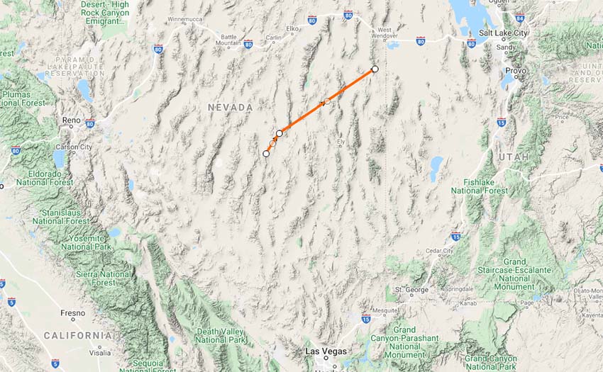 The state of Nevada, showing the potential 200km route Kiwi was aiming to fly