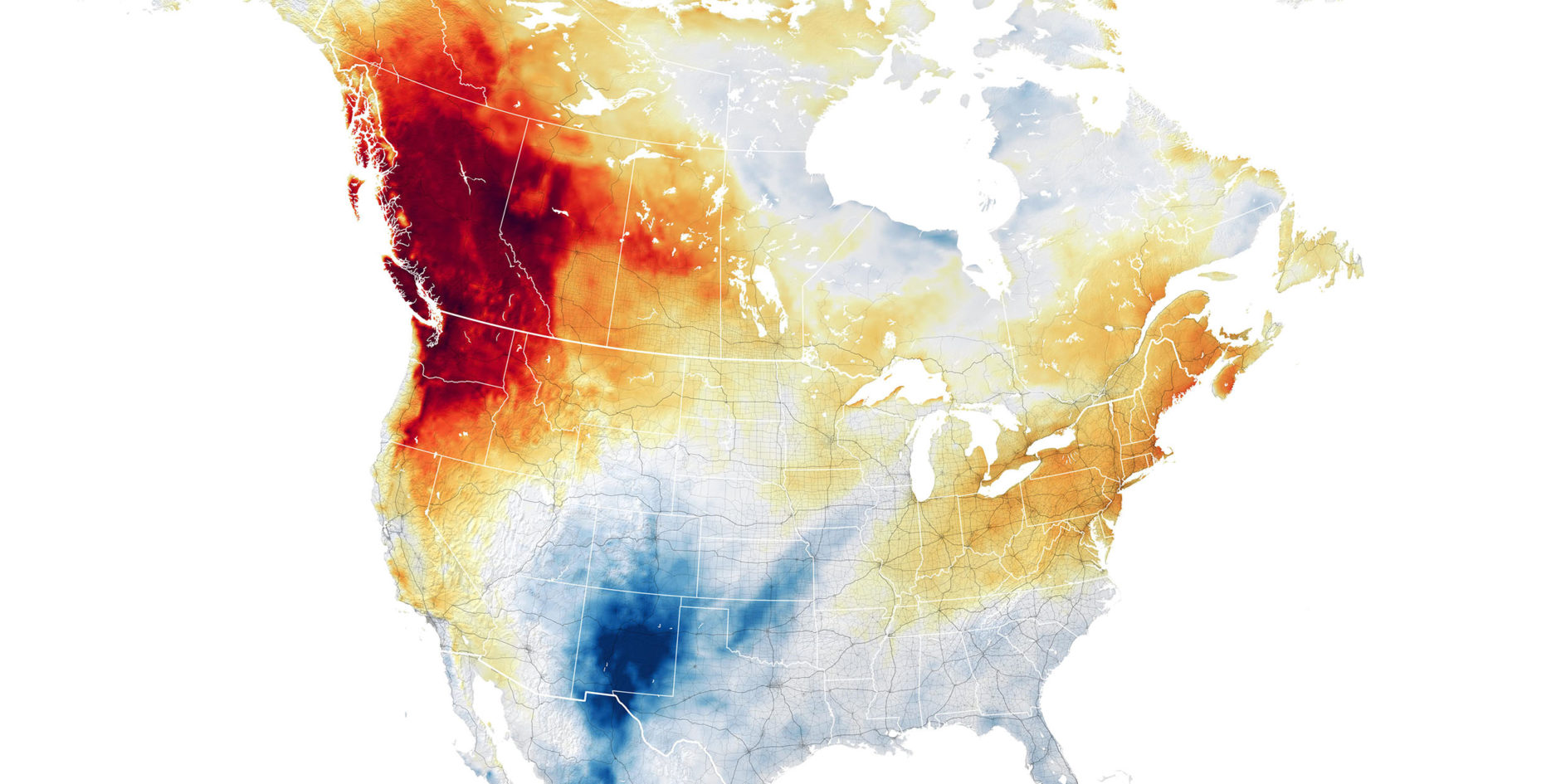 A temperature map for western North America on 29 June 2021, when an all-time high temperature of 49.6C was recorded in Lytton, British Columbia, western Canada. The next day the village was evacuated before it burnt to the ground as a wildfire swept through. Two people were killed. Image: Nasa