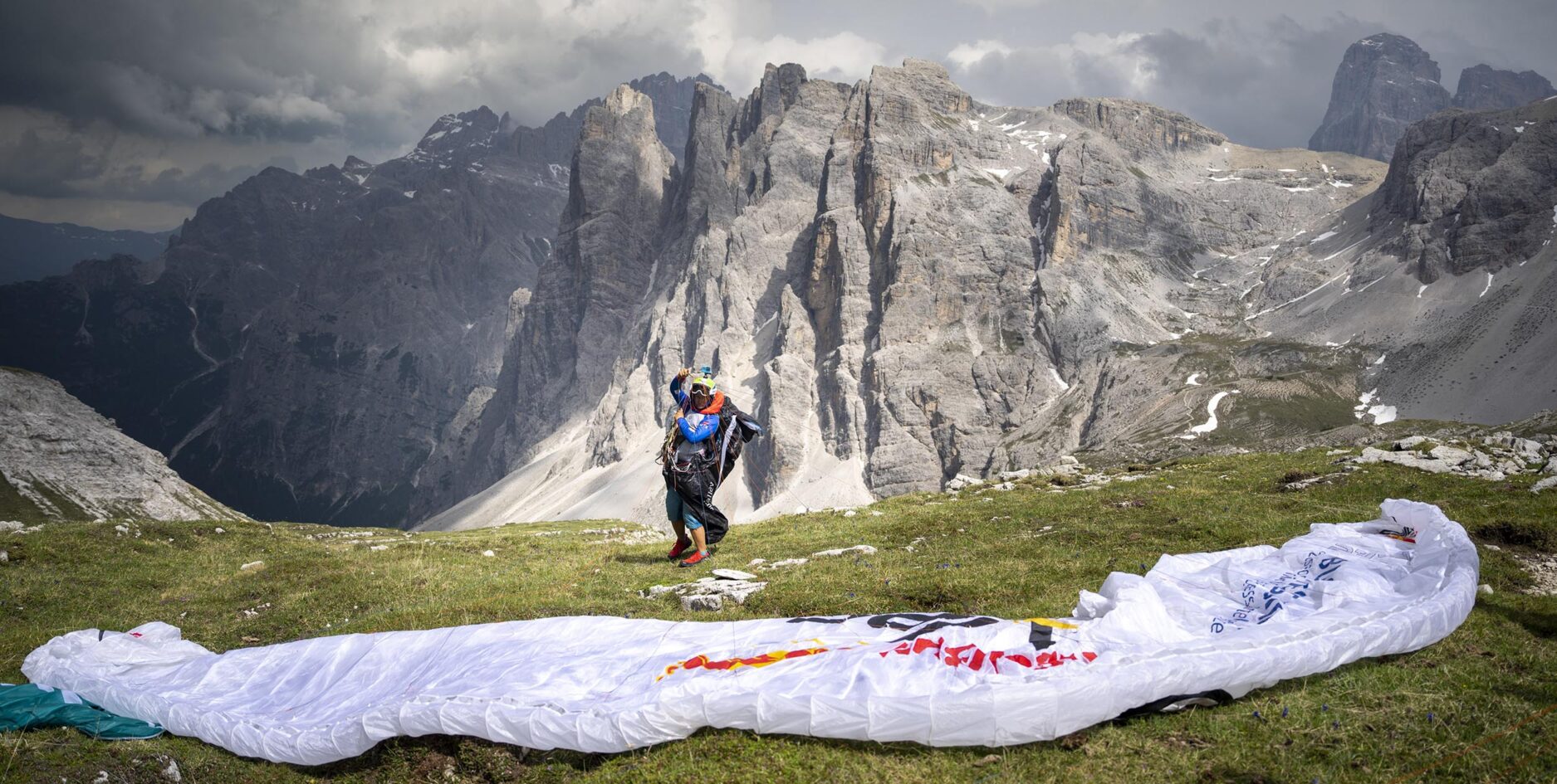 Eli Egger prepares to launch from the Paternkofel, Italy on June 20, 2023. Photo: Lukas Pilz / Red Bull Content Pool