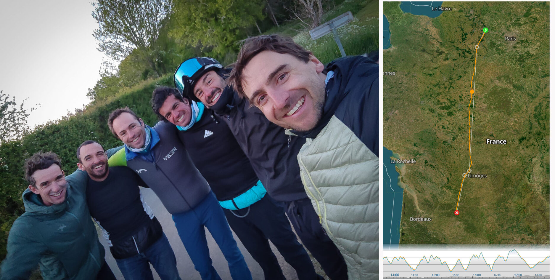 Honorin Hamard, Jonathan Marin, Maxime Pinot, Michel Cervellin, Tim Alongi and Julien Garcia all launched from a small site northwest of Paris and flew almost due south, landing close to the town of Bergerac.