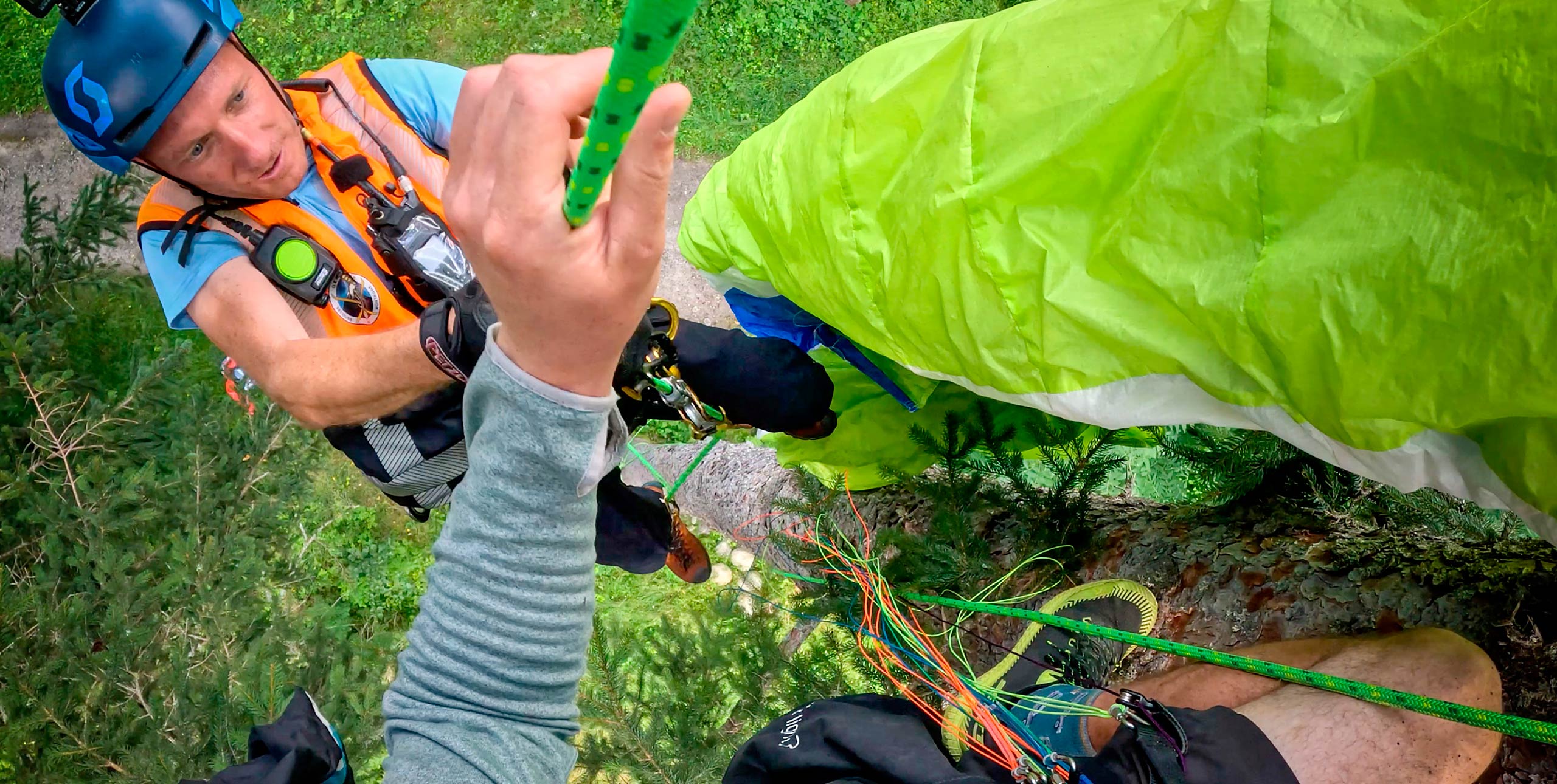 Fred Souchon in action during a tree rescue for a paraglider pilot. Photo: Jake Holland