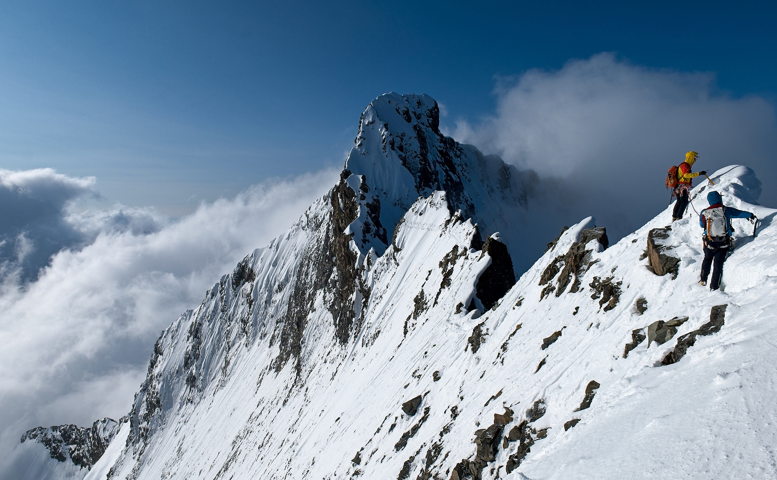 Climbers on the Biancograt Ridge, Piz Bernina