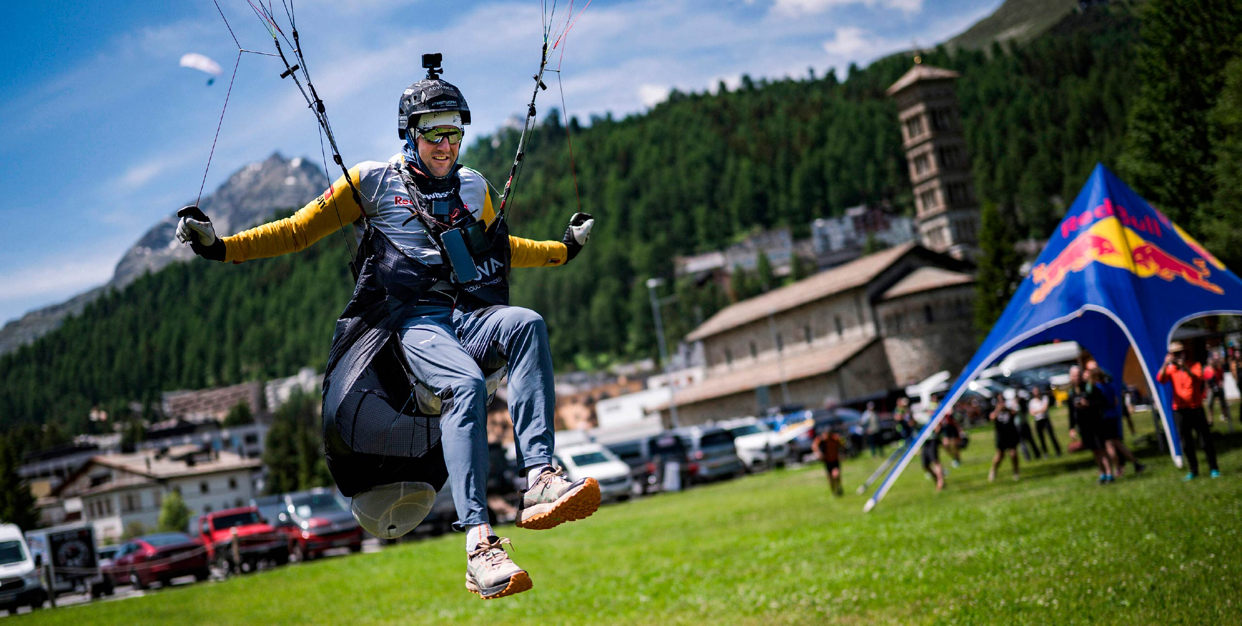 Chrigel Maurer arrives at the Red Bull X-Alps turnpoint in St Moritz on 17 June