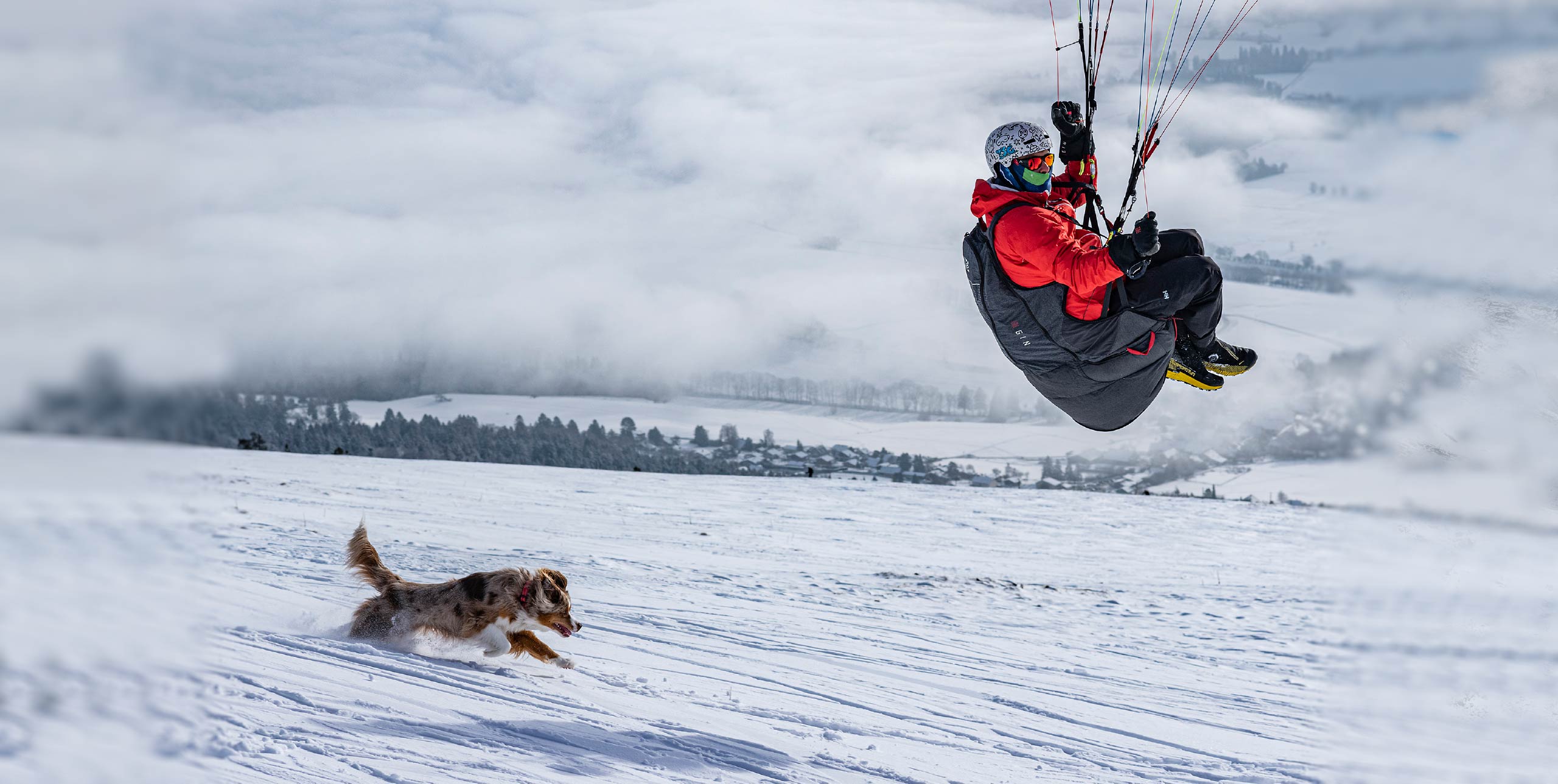 Being chased by a dog while paragliding in the snow. Gin Gliders. Photo: Jerome Maupoint