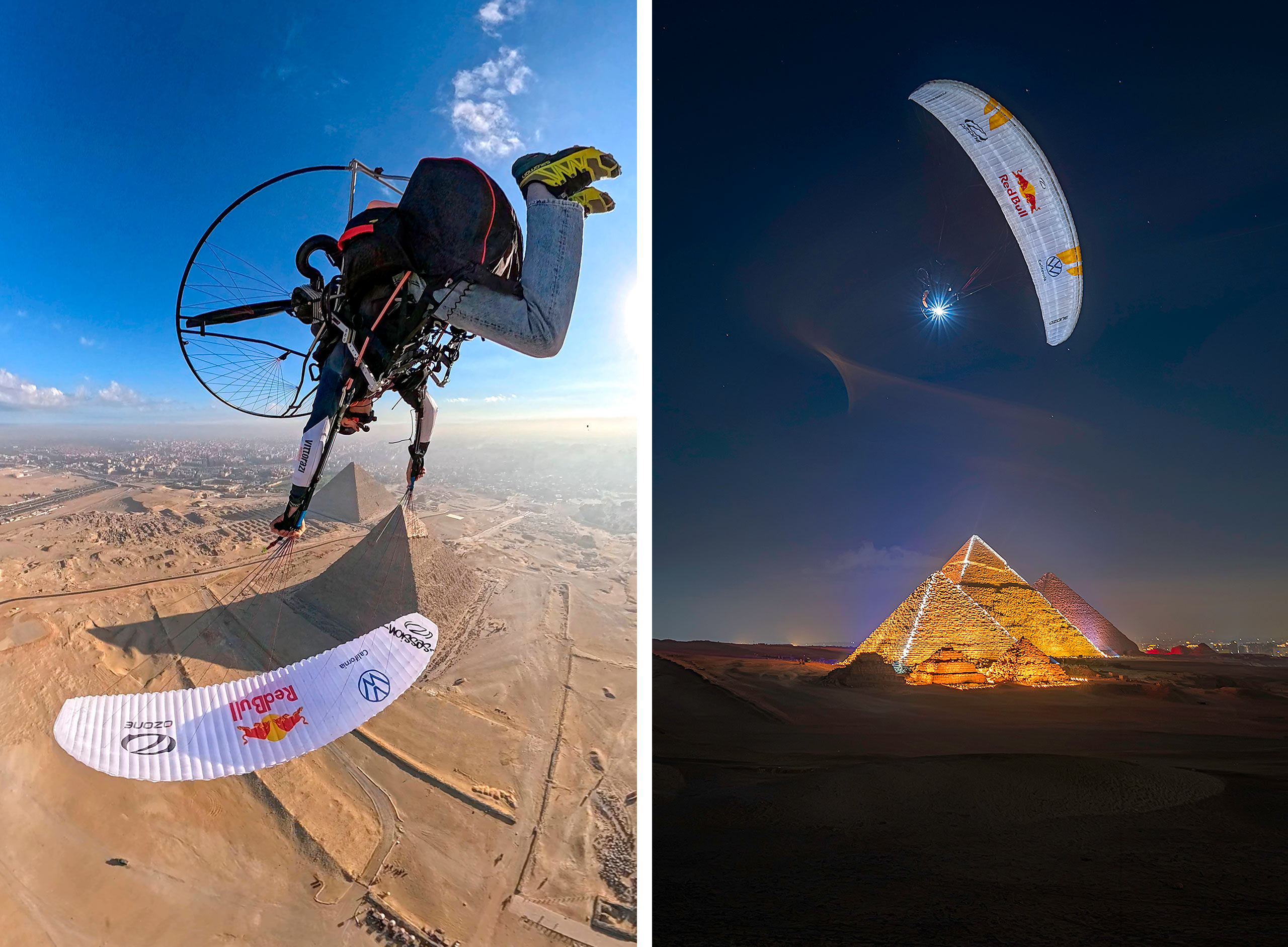 Paramotoring the pyramids at night, and flying acro above the pyramids in the day. Photo: Marc Marco