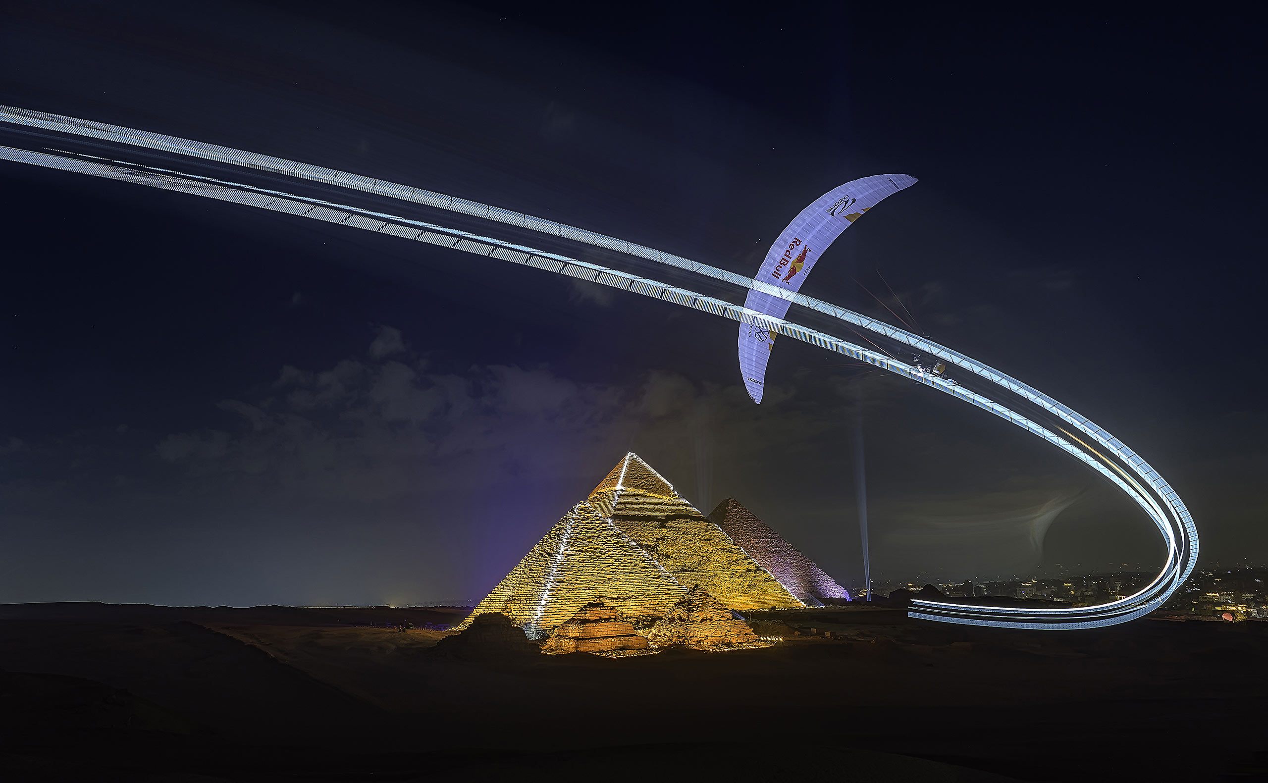 Paramotoring the pyramids in Egypt at night. Photo: Marc Marco