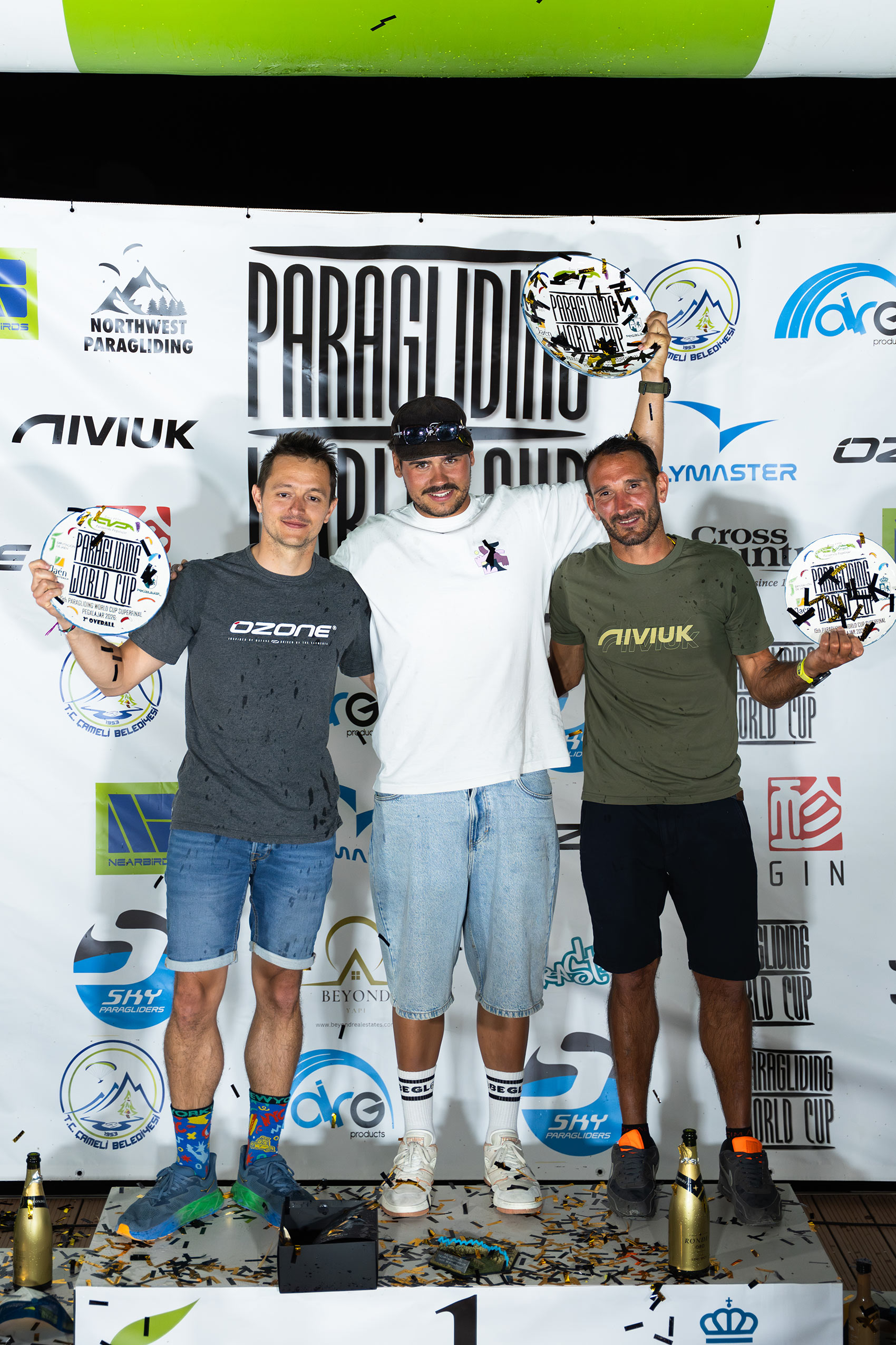 Andy Tallia (centre) with Baptiste Lambert and Pierre Remy on the podium at the Superfinal 2026. Phoot: Henry George
