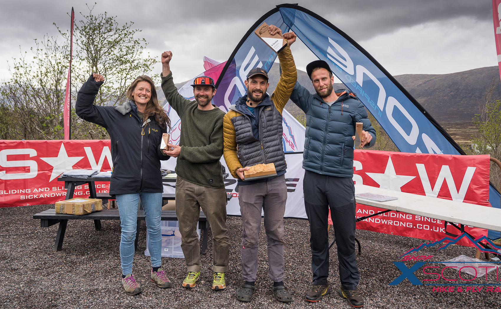Dougie Swanson-Low and other winners at the finish line at the Glencoe Mountain Resort, Scotland. Photo: Kieran Campbell