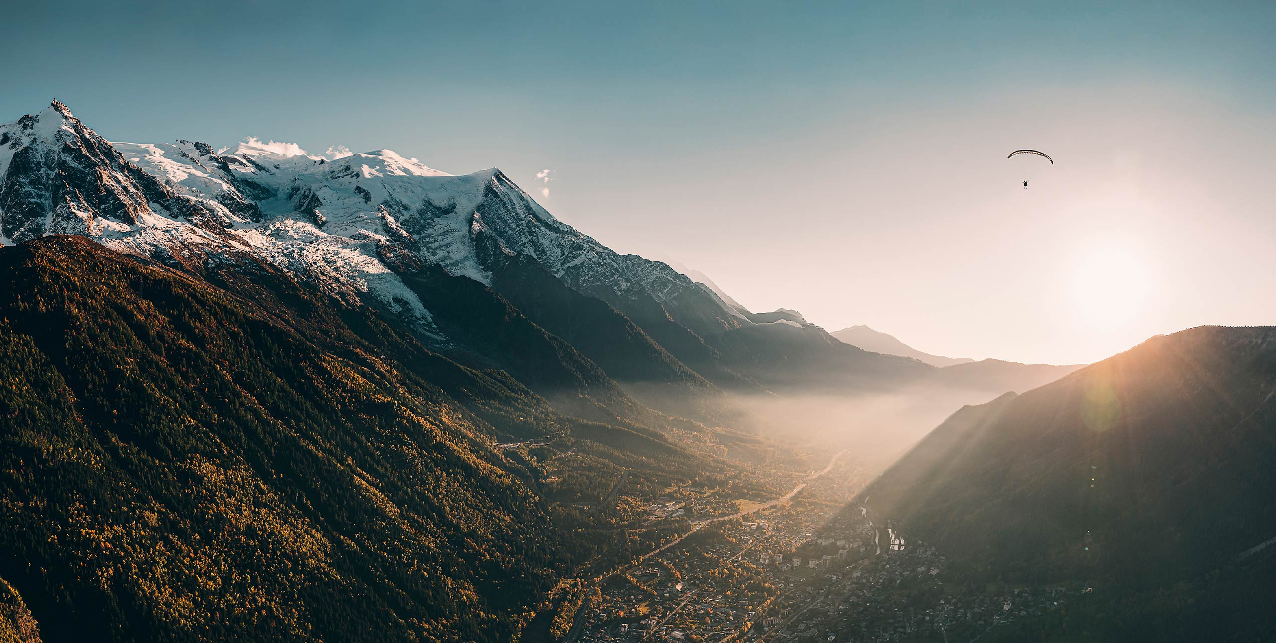 Flying over Chamonix valley, France