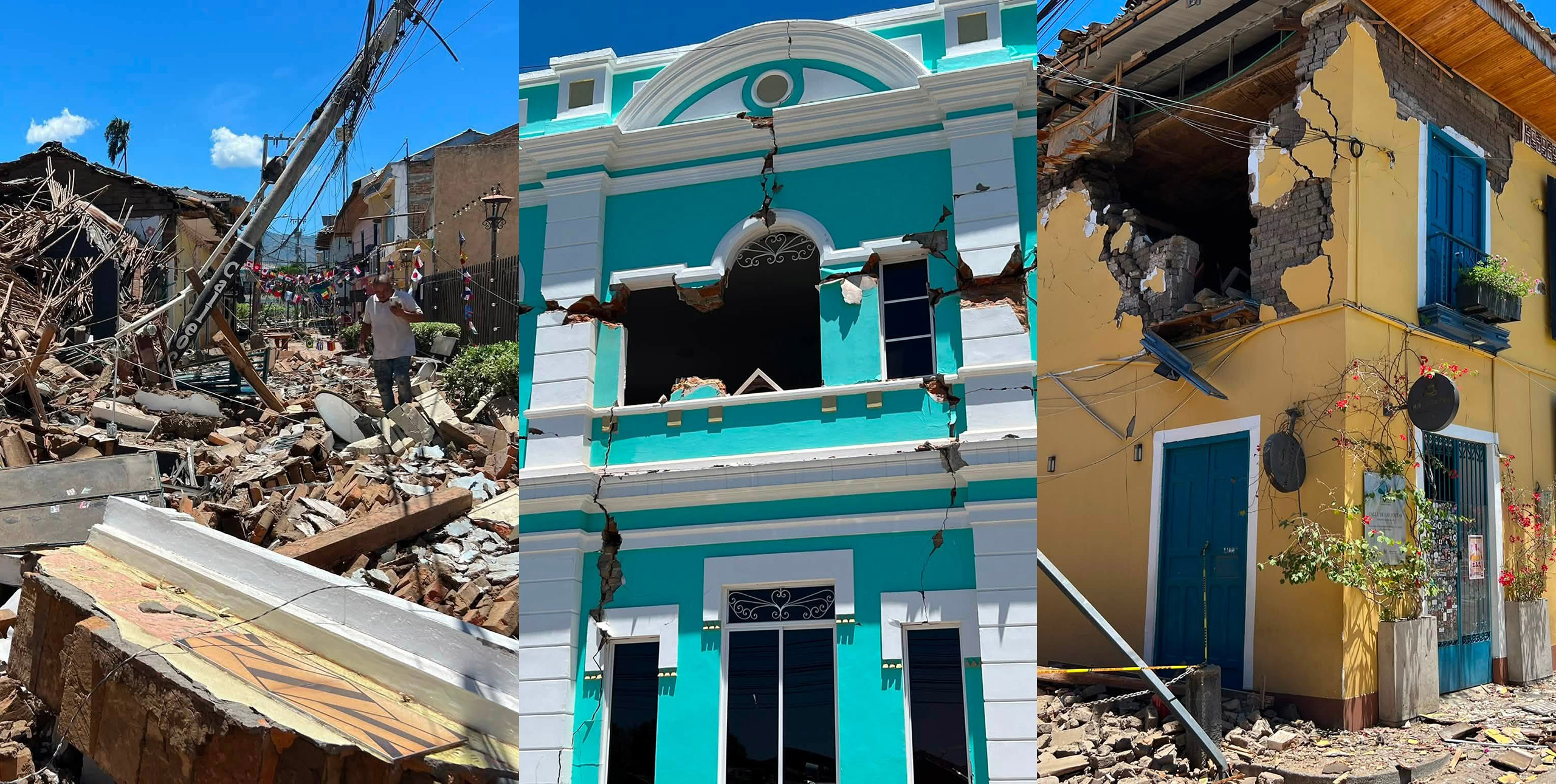 A montage of earthquake damage in Roldanillo in August 2026