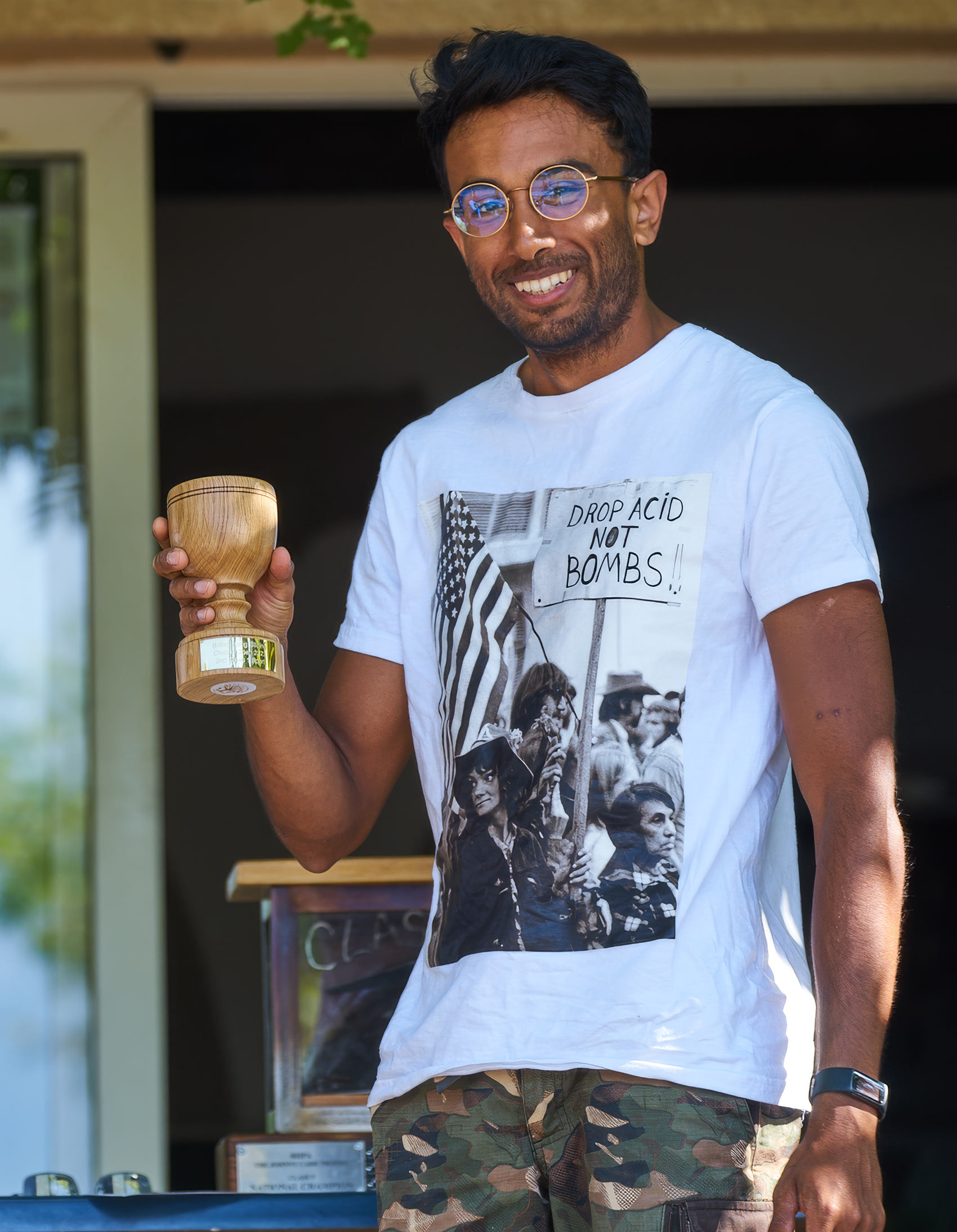 Rhal with a trophy for coming second in the Sports class at his first British HG Nationals in Laragne, France in 2022. Photo: Babs Thompson